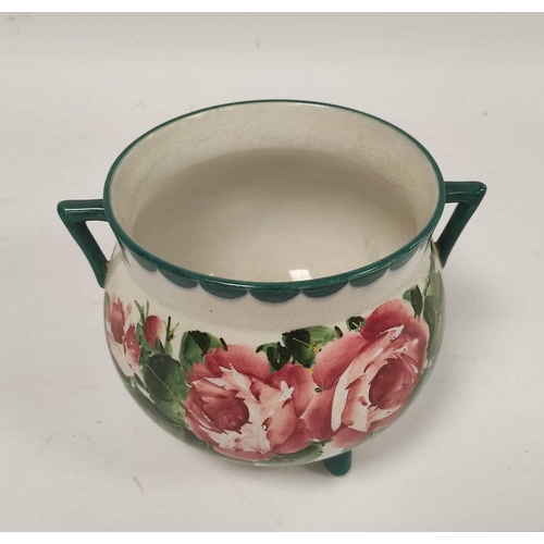 260 - Wemyss Ware Scottish Pottery pink cabbage rose pattern jardinière in the form of a cauldron, with tw... 