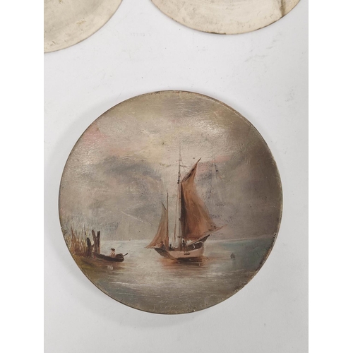 285 - Three Linthorpe Pottery plates, the near matching plates gilded and printed with scenes of ships at ... 