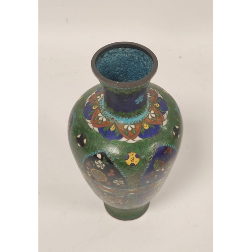 303 - Oriental cloisonné baluster vase, with all-over colourful panels of flowers, birds and insects and s... 