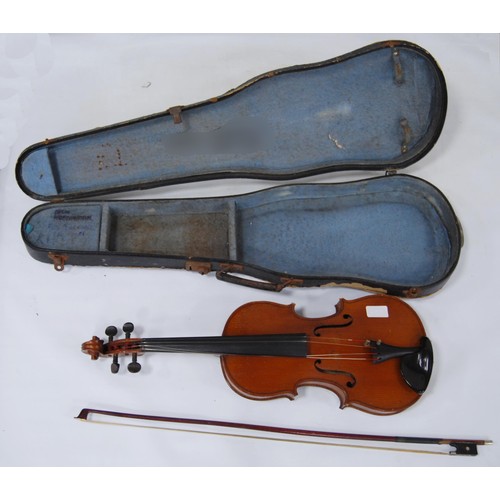 201 - Antique French violin with two-piece back and label for G Fournier (Paris), 35cm long, with bow in f... 