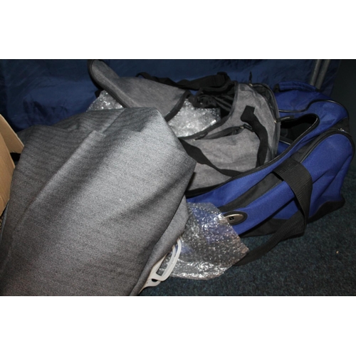 399 - Two holdalls and grey throw.