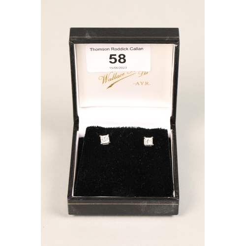 58 - Pair 9ct white gold square cut Diamond stud earrings (each stone approx 0.5 carats)