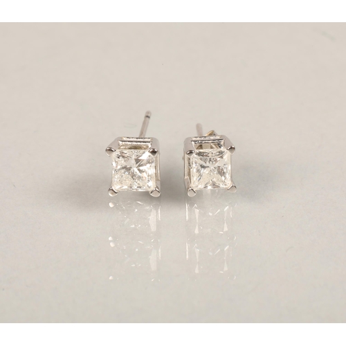 58 - Pair 9ct white gold square cut Diamond stud earrings (each stone approx 0.5 carats)
