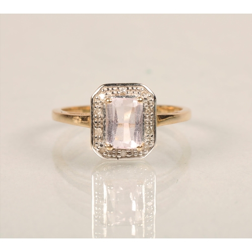 64 - Ladies 9ct gold ring set with a pink stone surrounded by small white stonesring size N/O