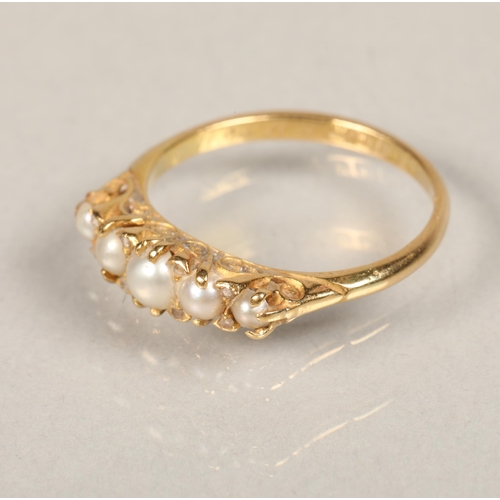 65 - Ladies 18ct gold ring set with five graduated pearls and small Diamond chips ring size N