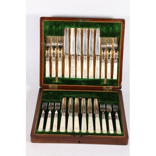 103 - Set of twelve mother of pearl handled fruit knives and forks, cased