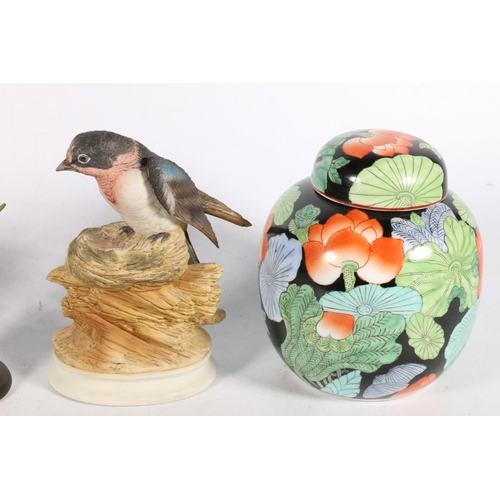 174 - Oriental ginger jar, two bird models and A G Ruggeri sculpture.