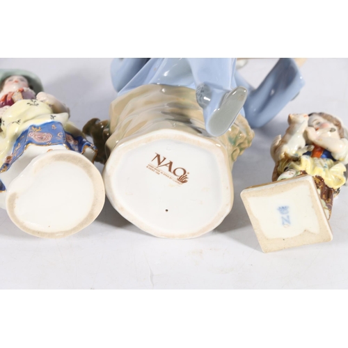 55 - Nao model of a seated lute player, and two continental porcelain models of girls in period dress.  (... 