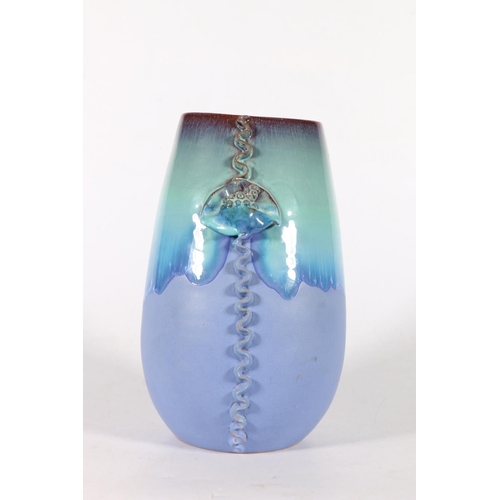 68 - Studio pottery vase partially drip glazed in Japanese flambe manner, decorated with relief flower, 2... 