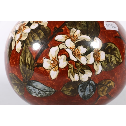 71 - Doulton Lambeth Faience globular vase decorated with white flowers. Signed MMA for Margaret M Armstr... 