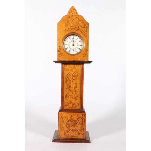 96 - Pokerwork pocket watch stand, or poor mans clock, in the form of a grandfather clock with Elgin pock... 