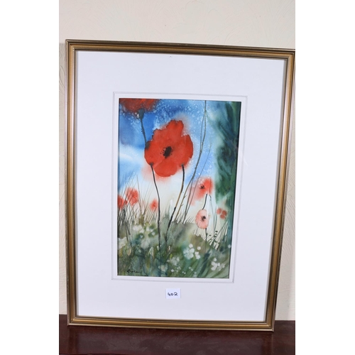 402 - DAVID GRAHAM (Scottish Contemporary), Poppies, watercolour, signed lower left, 37cm x 24cm, frame 59... 