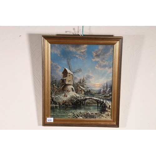 412 - JOHN BELL?, Windmill by a river in winter, oil on canvas, unsigned, label verso, 36cm x 29cm, frame ... 