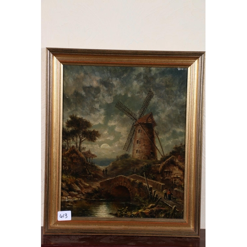 413 - JOHN BELL?, Windmill by a river, oil on canvas, unsigned, label verso, 36cm x 29cm, frame 44cm x 37c... 