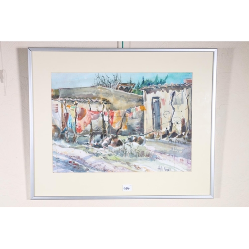 434 - PHILLIS MARGOLIN (Canadian Contemporary), The Washing Line, watercolour, signed lower right, 35cm x ... 