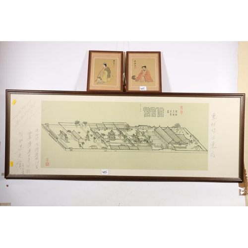 435 - CHINESE SCHOOL, temple diagram, print, frame 41cm x 110cm and two watercolours on silk, 16cm x 11cm.