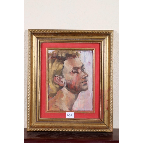 451 - 20TH CENTURY SCHOOL, head and neck length portrait, oil on canvas, unsigned, 23cm x 17cm, frame 38cm... 