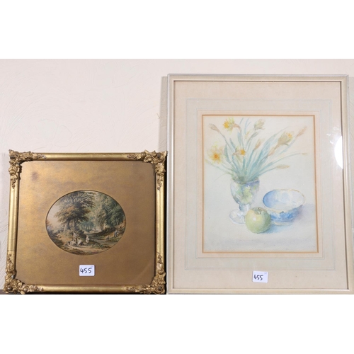 455 - WINIFRED ADAM, The Blue Bowl, watercolour, unsigned, 29cm x 23cm, frame 46cm x 38cm and a print of B... 