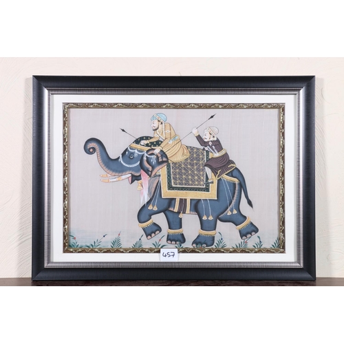 457 - INDIAN SCHOOL, elephant and warrior riders, painting on silk, 25cm x 38cm, frame 37cm x 51cm.