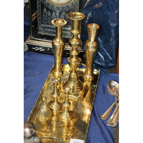 156 - Benares brass tray, brass vase, candlesticks etc