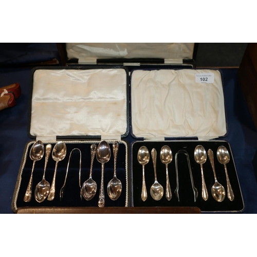 102 - Three piece ep dessert servers and two sets of six teaspoon and tongs, all cased