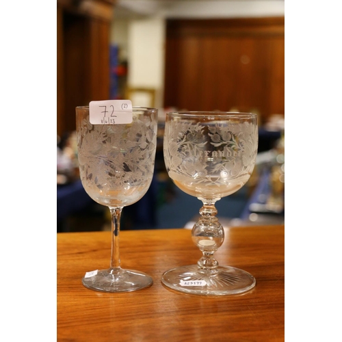 72 - 19th century wine glass having etched 'Alexander' surrounded by floral and fern decoration to the ma... 