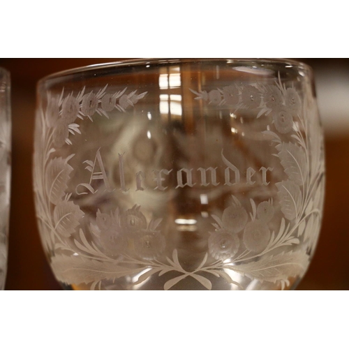 72 - 19th century wine glass having etched 'Alexander' surrounded by floral and fern decoration to the ma... 