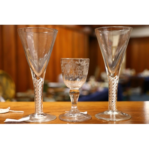 78 - Pair of antique style ale glasses, the tapered conical bowl with spiral ait twist stems 15cm high al... 