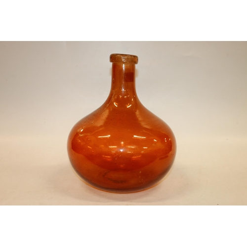 88 - Unusual orange art glass globe and shaft wine bottle vase decorated with internal micro-bubbling, 30... 