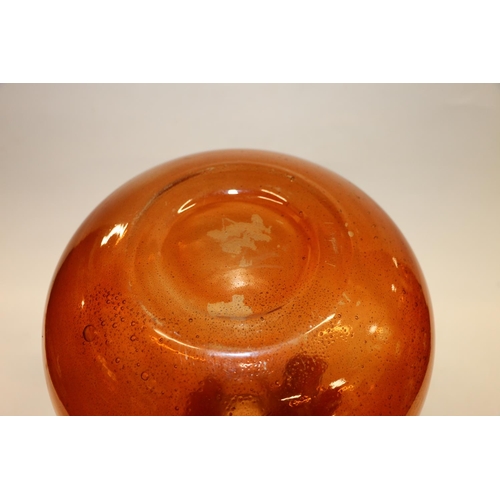 88 - Unusual orange art glass globe and shaft wine bottle vase decorated with internal micro-bubbling, 30... 