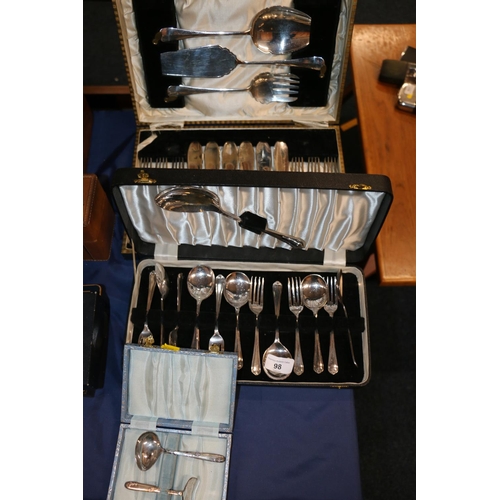 98 - Set of ep fish knives and forks also a three piece set of dessert servers and a child's pusher, all ... 