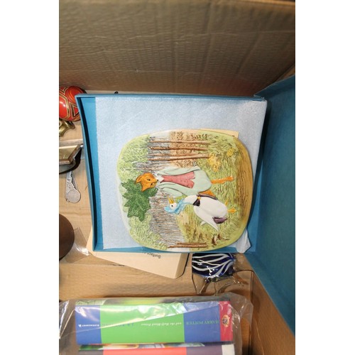 257 - Box containing Harry Potter books, a Retro 8 day clock, a Beswick Beatrix Potter plate, etc.