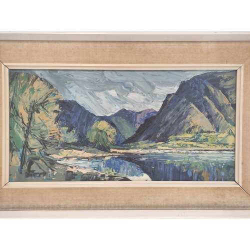 238 - Roy Burrows (British 1922 - 2010)River landscape possibly Llyn CowlydOil on board, signed26cm x 55cm... 