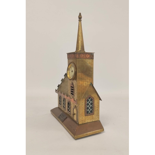 172 - Apprentice brass and copper money box in the form of a church, with integral clock dial, coin slots ... 