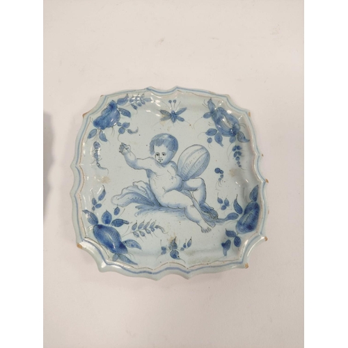 263 - Three matching Cantagalli style blue and white side plates, with blue underglazed winged putti, with... 