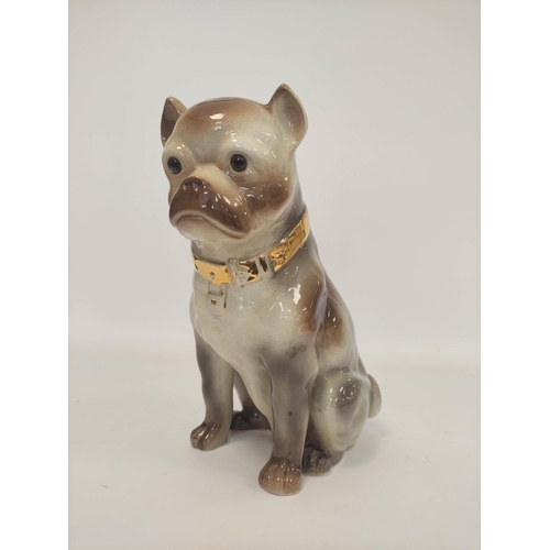 264 - Early 20th century ceramic figure of a seated pug dog, with glass eyes and gilt collar, 34cm high, a... 