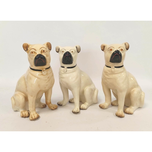 265 - Late 19th/early 20th century pair of Staffordshire style pottery figures modelled as seated pug dogs... 