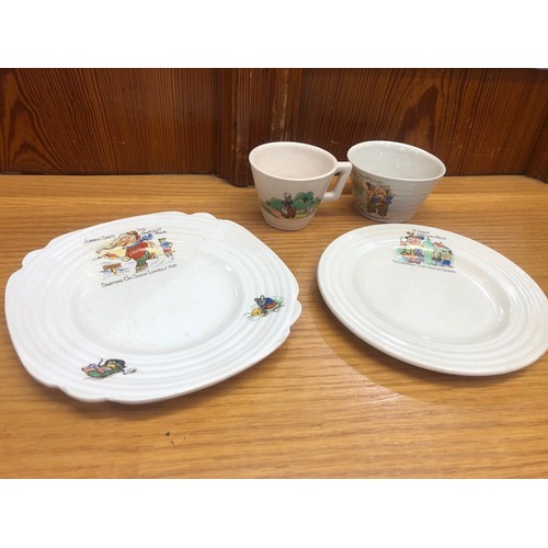 250G - Ceramics to include a children's cup, plates and a bowl, a Wedgwood vase and dish, a Cornish ware cu... 