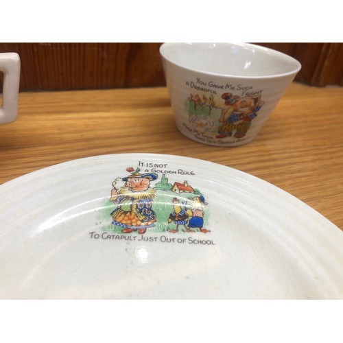 250G - Ceramics to include a children's cup, plates and a bowl, a Wedgwood vase and dish, a Cornish ware cu... 