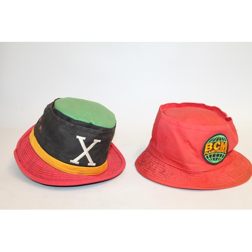 335 - Two retro bucket hats, Malcolm X and BCM Planetdance (possibly signed Carl Cox)