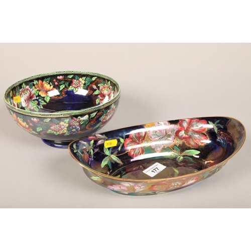 177 - Maling blue ground floral decorated bowl and another similar oval
