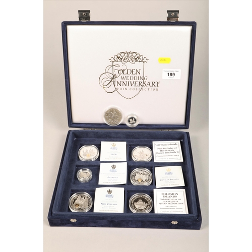 189 - Eight silver proof Golden wedding anniversary coins including dollars etc in presentation box for tw... 