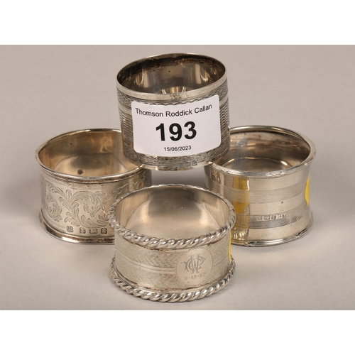193 - Four silver napkin rings 98.7 grams (4)