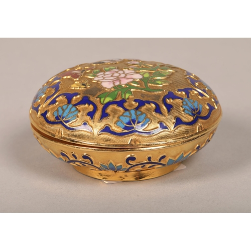197 - Cloisonne enamel gilt dish and cover, 9 cm diameter