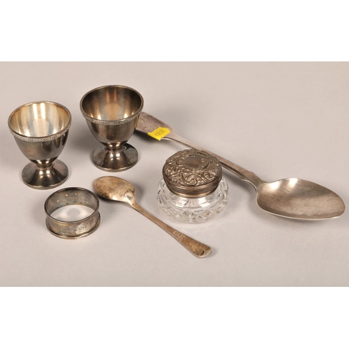 198 - Quantity of silver items including egg cups, silver lidded glass jar, total weight 328 grams