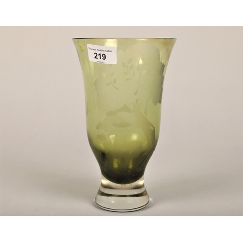 219 - C Burne 1973, art glass vase with deer.