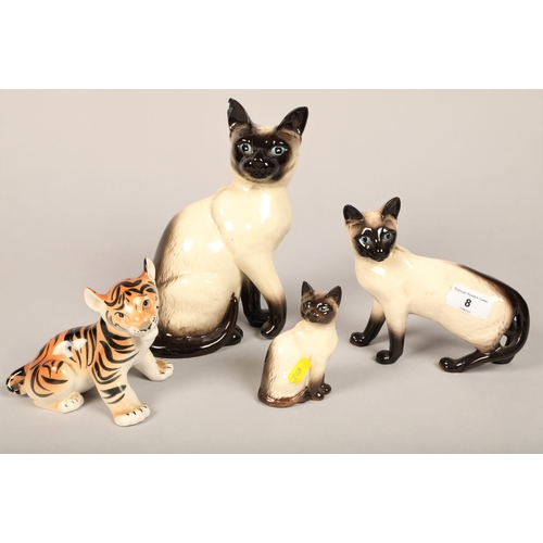 8 - Three Beswick Siamese Cats, 25 cm, 16 cm, 10 cm , with a USSR stamped Tiger (4)