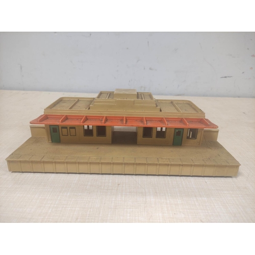 92 - Two boxes of model railway scenery, track and buildings to include Hornby Station Terminus R8009, Ho... 