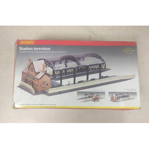 92 - Two boxes of model railway scenery, track and buildings to include Hornby Station Terminus R8009, Ho... 