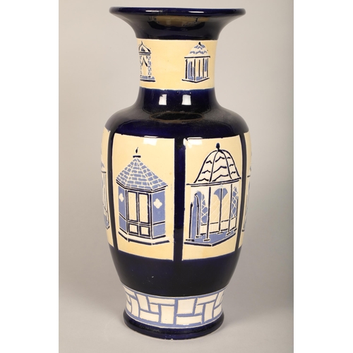 521 - Blue and white gazebo design baluster vase, 52 cm high